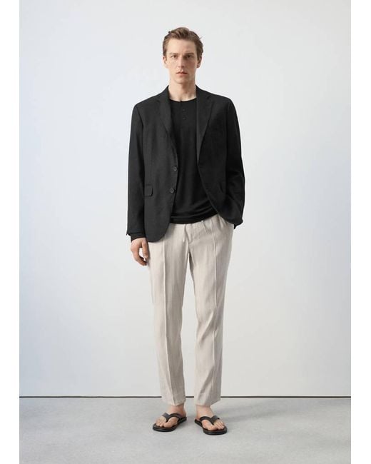 Mango Black Striped Slim-Fit Linen Trousers for men