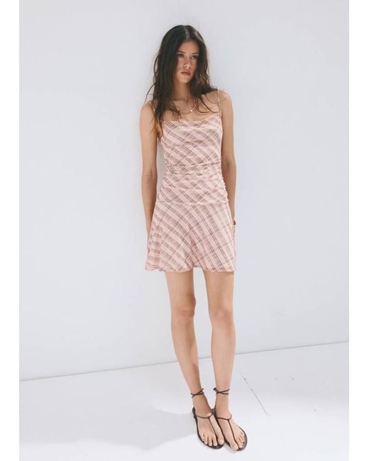Mango White Gathered Check Dress
