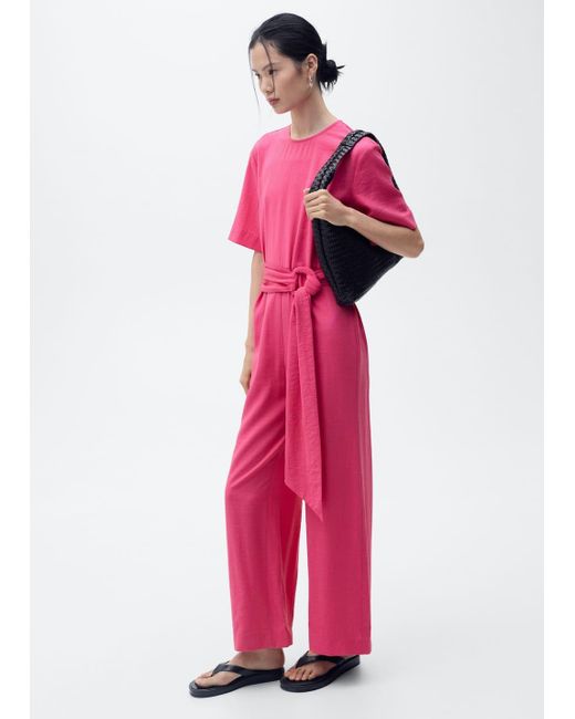 Mango Pink Straight-Fit Short-Sleeved Jumpsuit With Belt