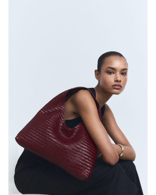 Mango Red Medium Braided Leather Shoulder Bag