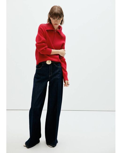 Mango Red Ribbed Zip-Up Sweater