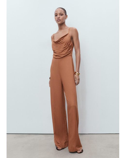 Mango White Long Jumpsuit With Draped Neckline