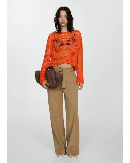 Mango Orange Knit Sweater With Lace Pattern