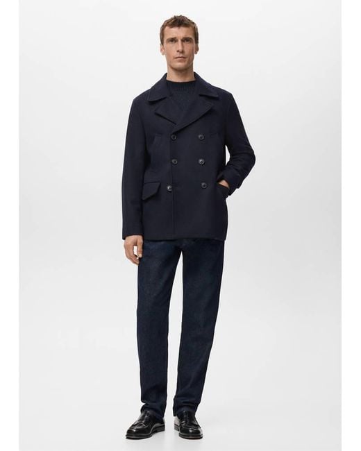 Mango Blue Short Double-Breasted Wool Coat for men
