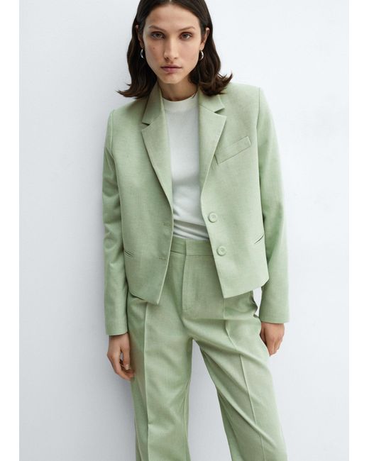 Mango Green Cropped Blazer With Buttons Pastel