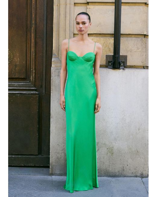 Mango Green Satin-Effect Dress With Corset Neckline