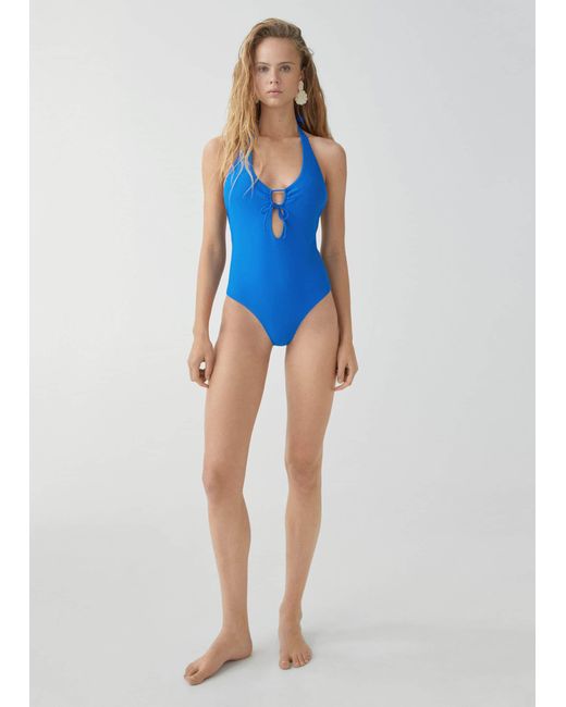 Mango Blue Halter Swimsuit With Bow