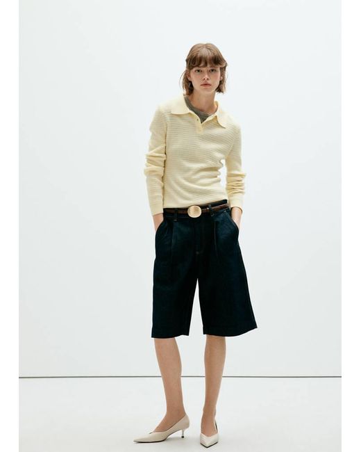 Mango White Textured Knit Polo Neck Sweater
