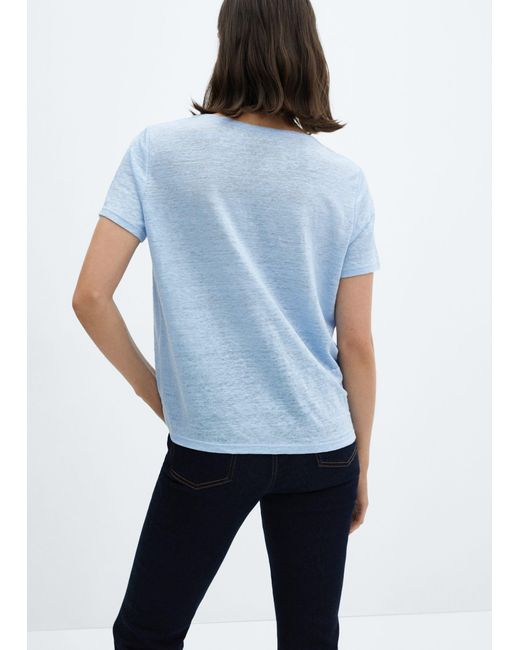 Mango Blue V-neck Linen T-shirt Sky