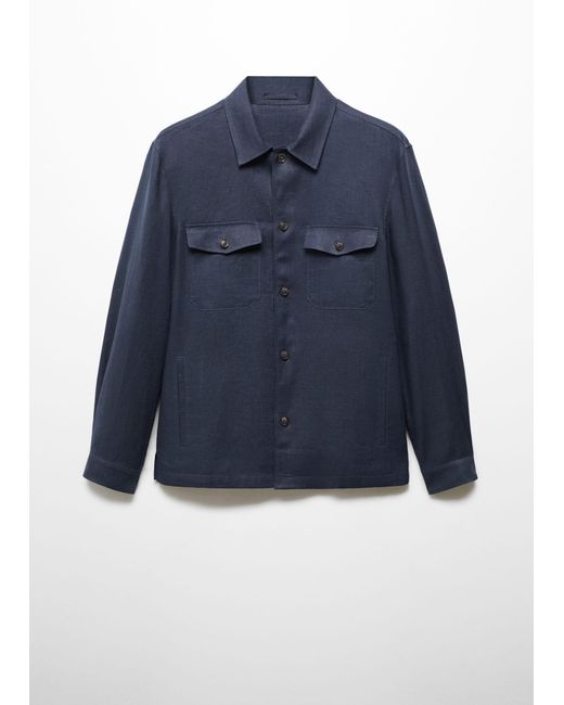 Mango Blue 100% Linen Overshirt With Pockets Dark for men