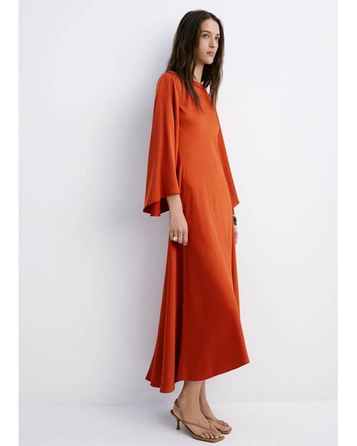 Mango Orange Flared-Sleeve Satin Dress