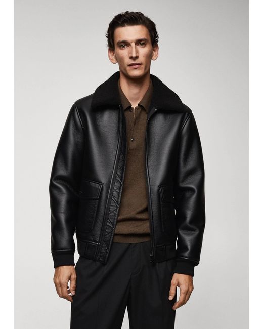 Mango Black Shearling-lined Leather-effect Jacket for men