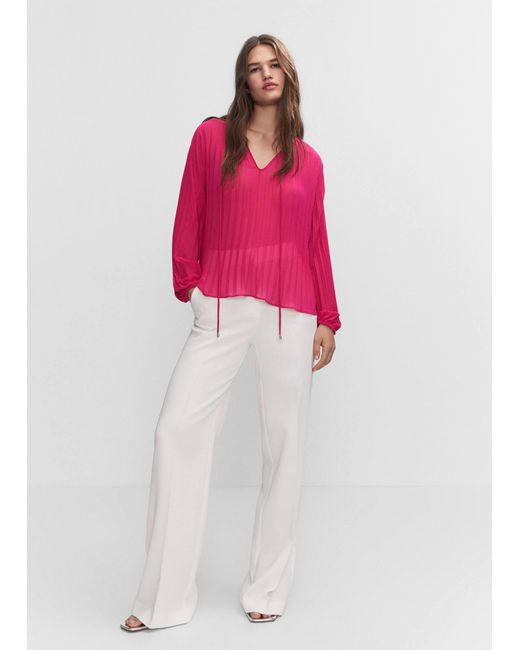 Mango Pink Pleated Blouse With Puffed Sleeves