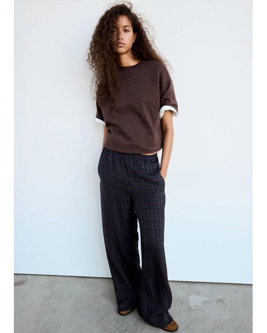 Mango Blue Straight Checked Trousers