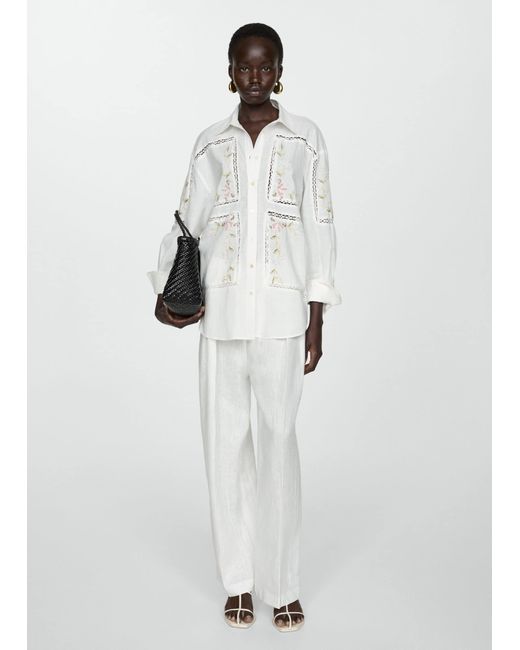 Mango White Oversized Shirt With Embroidered Detail Off