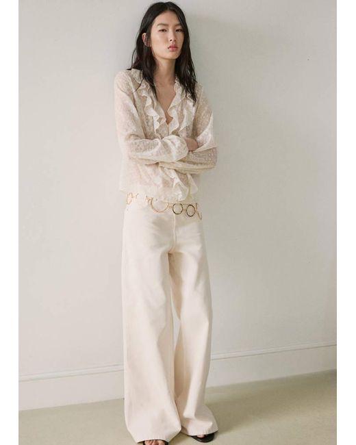 Mango White Ruffled Embroidered Blouse