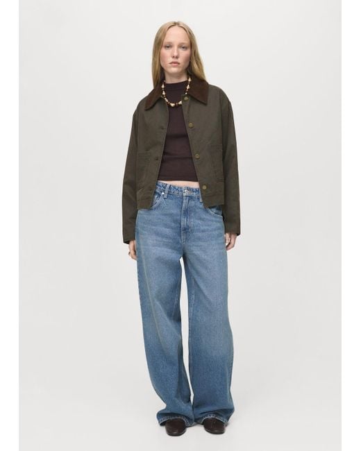 Mango Green Denim Parka With Corduroy Collar