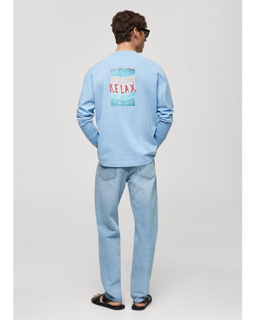 Mango Blue 100% Cotton Sweatshirt With Printed Drawing for men