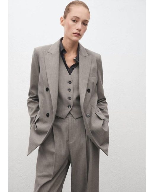 Mango Gray Double-Breasted Wool Blend Blazer