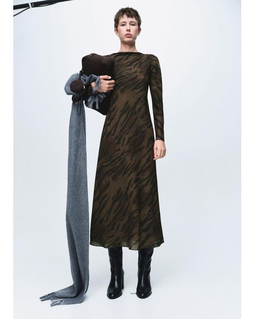 Mango Black Satin Animal-Print Dress