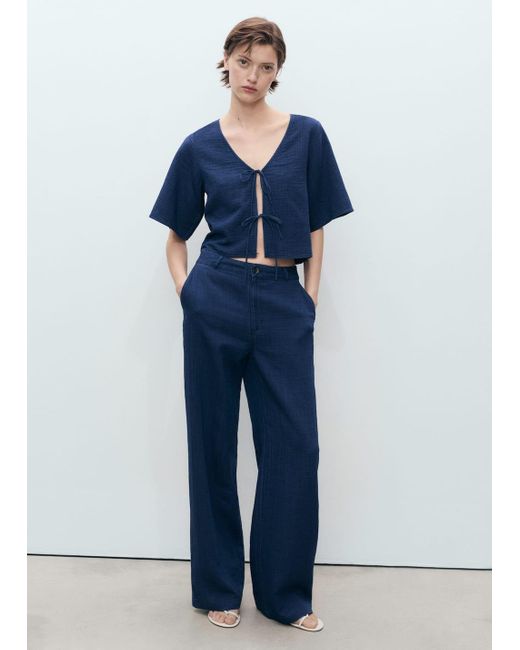 Mango Blue Flowy Denim Top With Bows