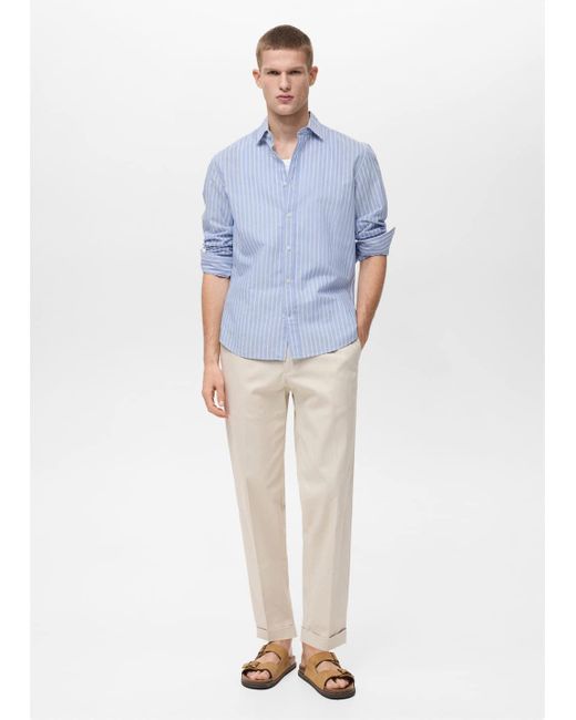 Mango Blue Striped Cotton Linen Shirt for men