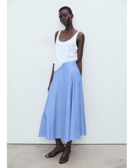 Gonna Misto Lino Righe Blu di Mango in Blue