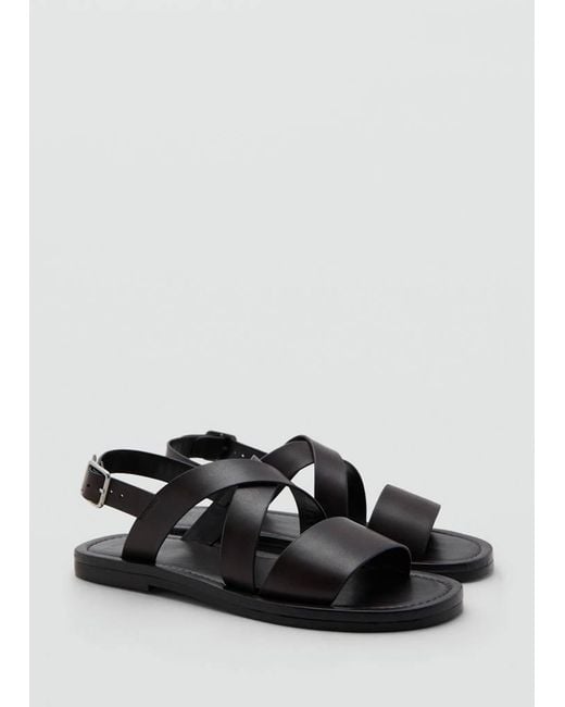 Mango Black Cross-Strap Leather Sandals for men