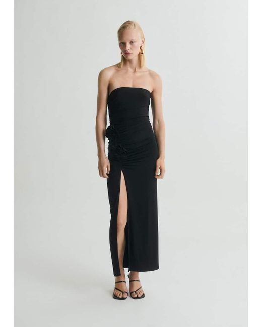 Mango Black Strapless Dress With Flower Detail