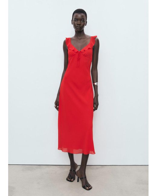 Mango Red Midi-Dress With Ruffle Neckline