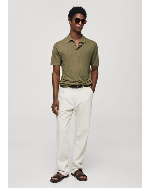 Mango Green Buttoned Micro-structure Knitted Polo Shirt for men