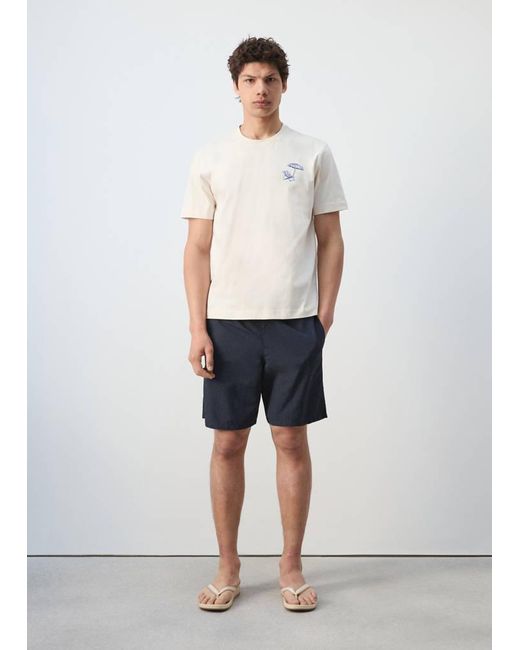 Mango White 100% Cotton Embroidered T-Shirt for men
