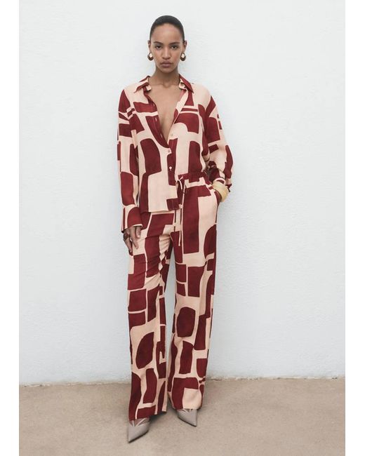 Mango White Fluid Trousers With Geometric Pattern