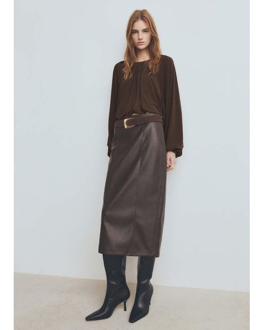 Mango Brown Fine-Knit Ruched Blouse