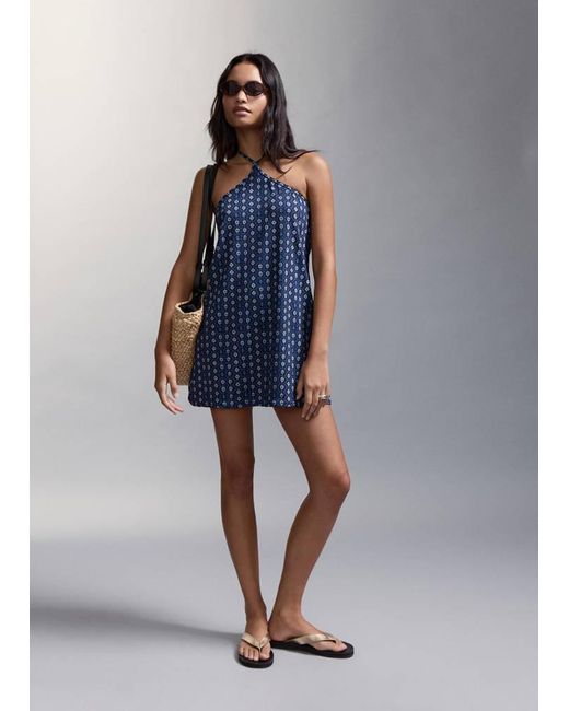 MANGO TEEN Blue Printed Halter-Neck Dress