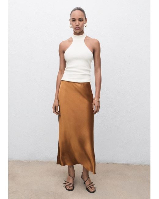 Mango White Midi Satin Skirt