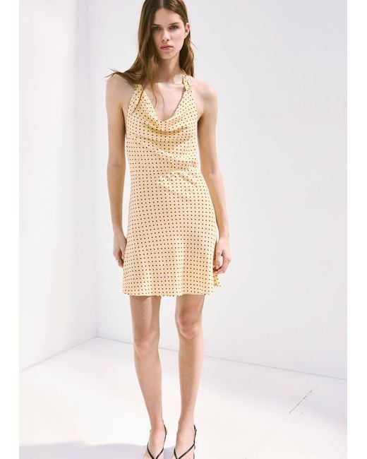 Mango White Polka Dot Dress With Draped Collar