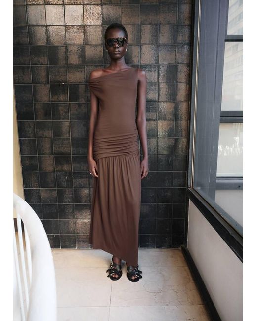 Mango Brown Asymmetrical Dress With Gathered Body