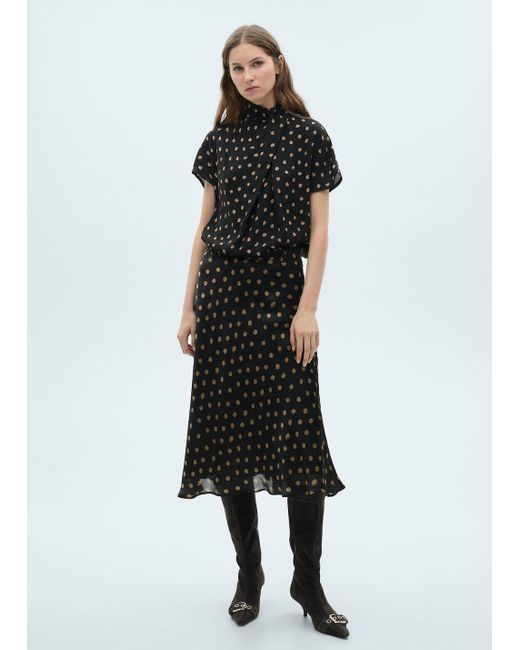 Mango Black Polka-Dot Blouse With Draped Collar