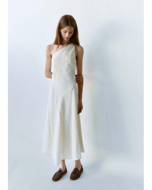 Mango White Asymmetric Textured Checkered Dress