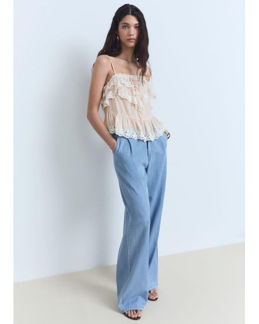 Mango Blue Wide Leg Lyocell Pants With Pleats
