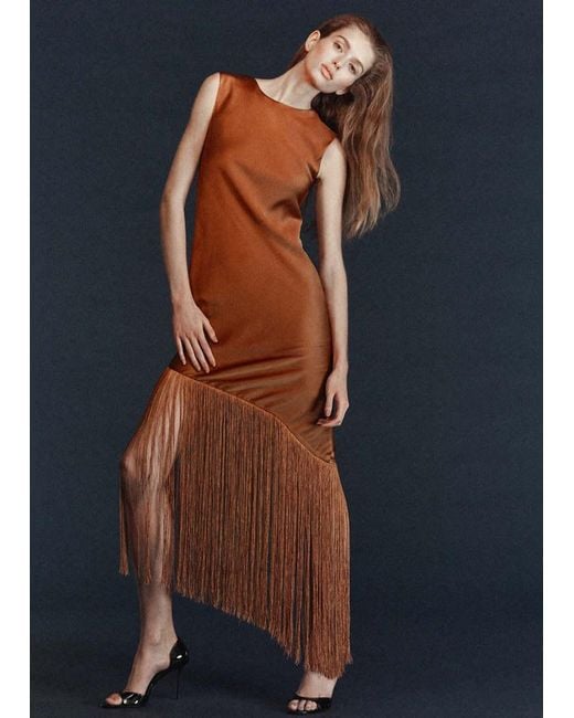Mango Blue Asymmetrical Satin Dress With Fringes