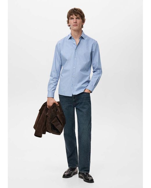 Mango Blue Regular Fit Striped Cotton Shirt for men