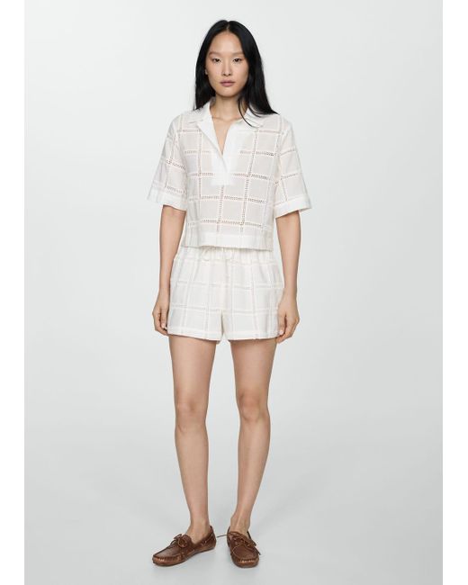 Mango White Embroidered Shorts With Bow