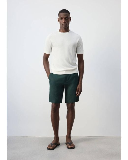 Mango White Regular Fit 100% Linen Bermuda Shorts for men