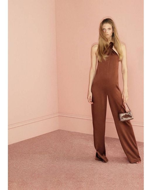Mango Brown Wrap Neckline Satin Jumpsuit