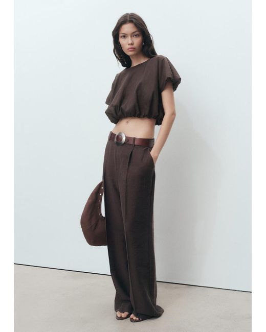 Mango Gray Ramie Cropped Balloon Blouse