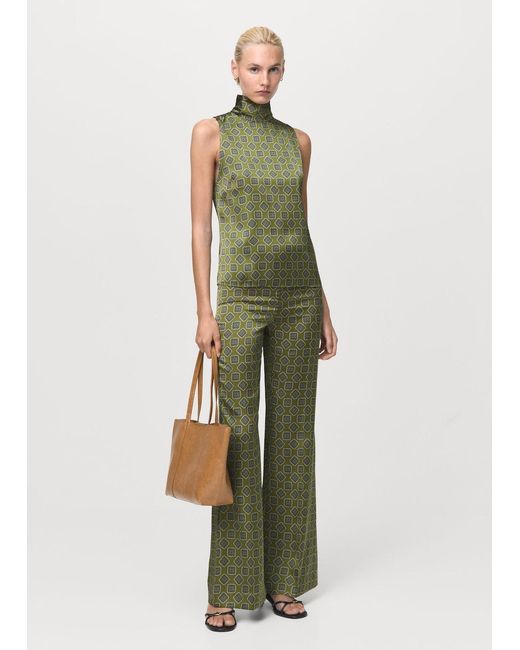 Mango Green Satin Blouse With Geometric Pattern