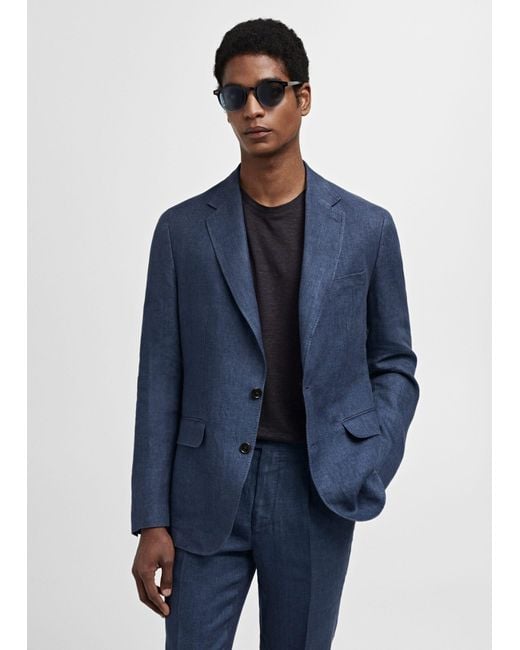 Mango Blue Slim Fit Suit Jacket In 100% Herringbone Linen Indigo for men