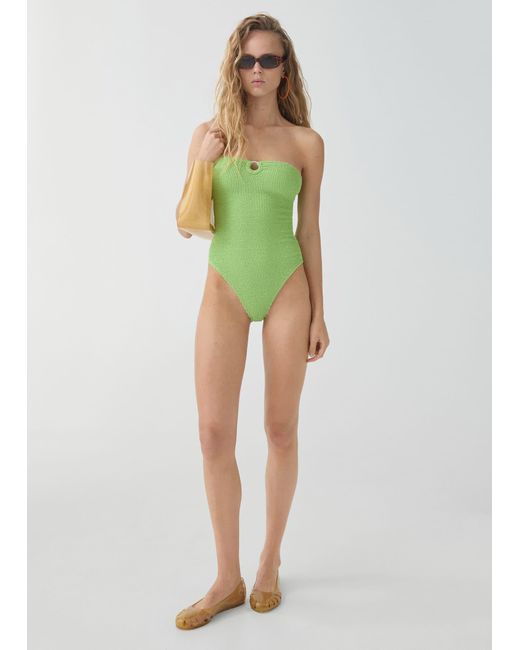 Mango Green Strapless Textured Swimsuit
